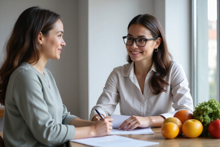 Nutricionista explicando un plan de alimentación personalizado a un cliente.